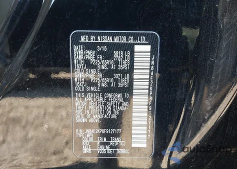 2015 Nissan Quest Platinum/S/Sl/Sv from USA, damaged, VIN JN8AE2KP8F9127177